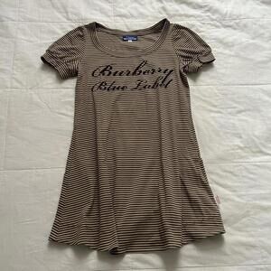 Burberry blue label brown and white striped cursive logo mini tee shirt dress